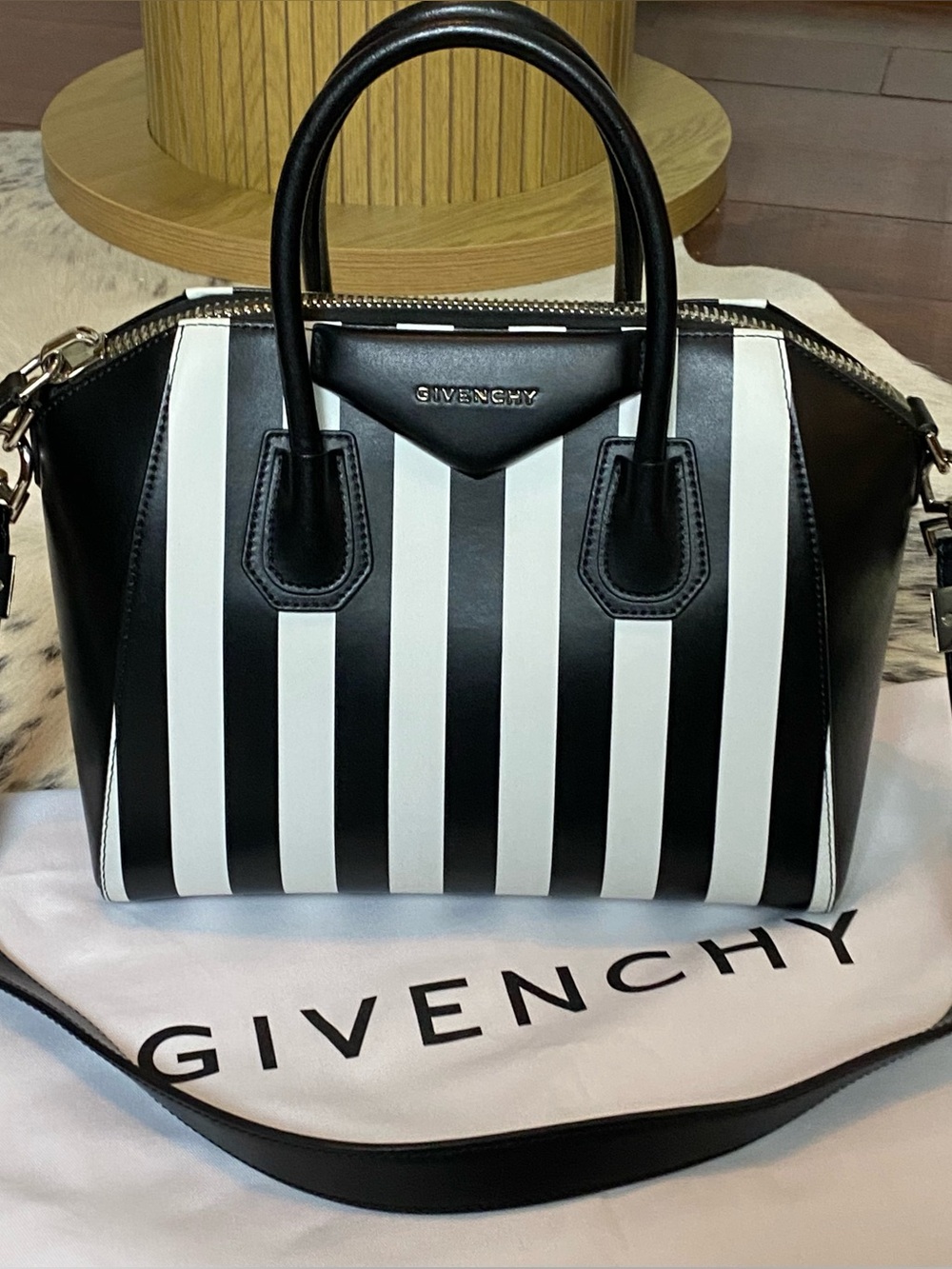 GIVENCHY ANTIGONIA BAG, LARGE BLACK & WHITE STRIPED SMOOTH CALFSKIN